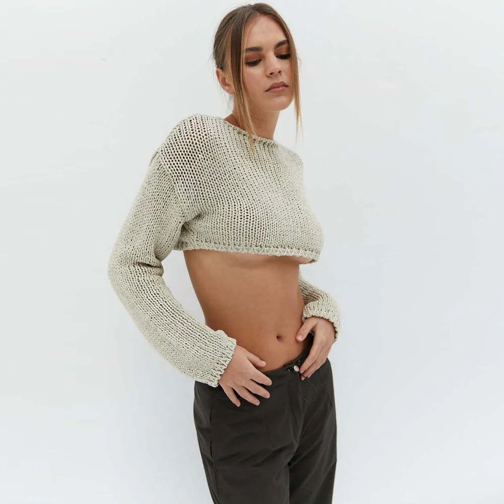 Street Style Crew Neck Drop Shoulder Pullover Beige Cropped Knit Sweater