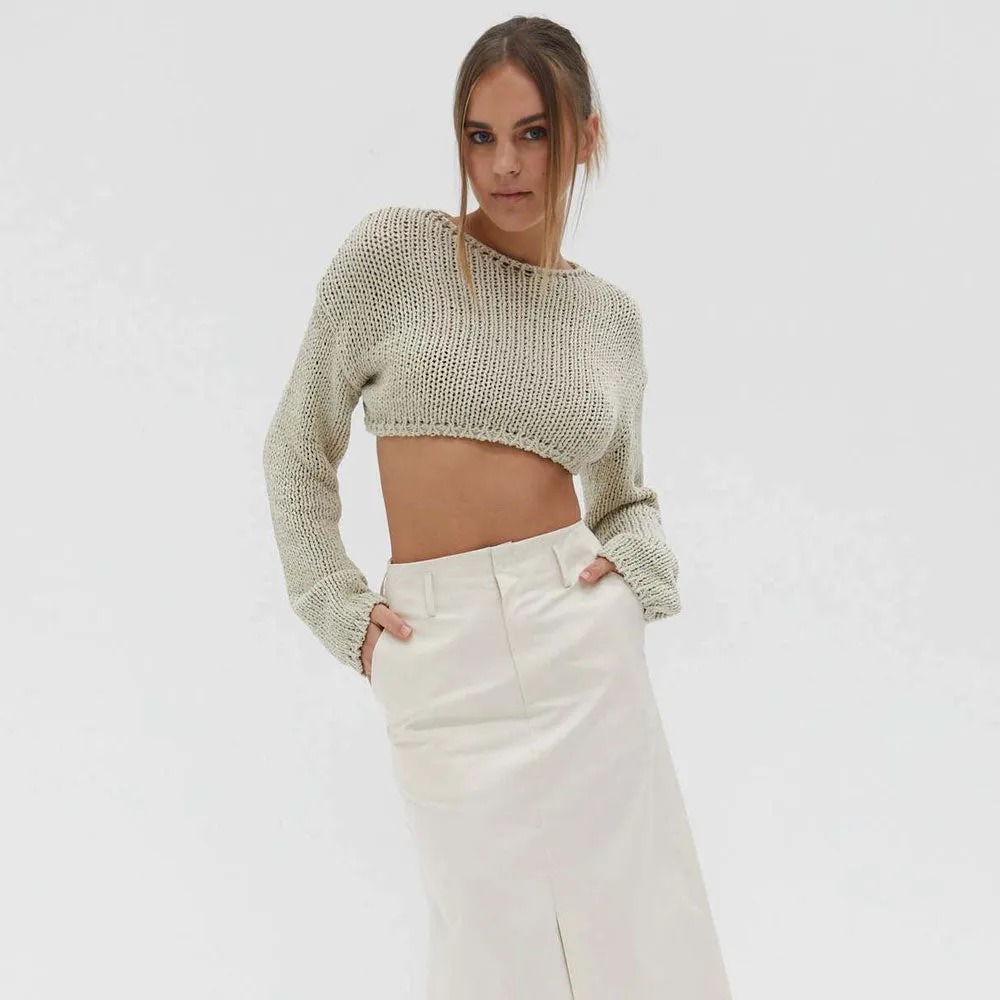 Street Style Crew Neck Drop Shoulder Pullover Beige Cropped Knit Sweater