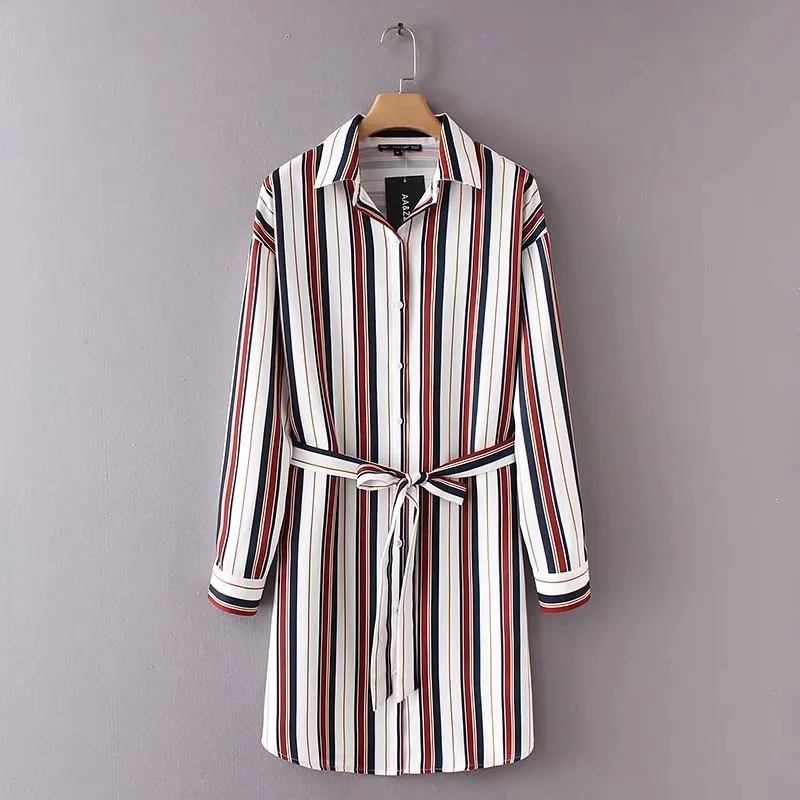 Stripe Bandage Long Sleeve Shift Dresses