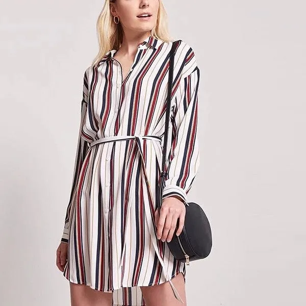 Stripe Bandage Long Sleeve Shift Dresses