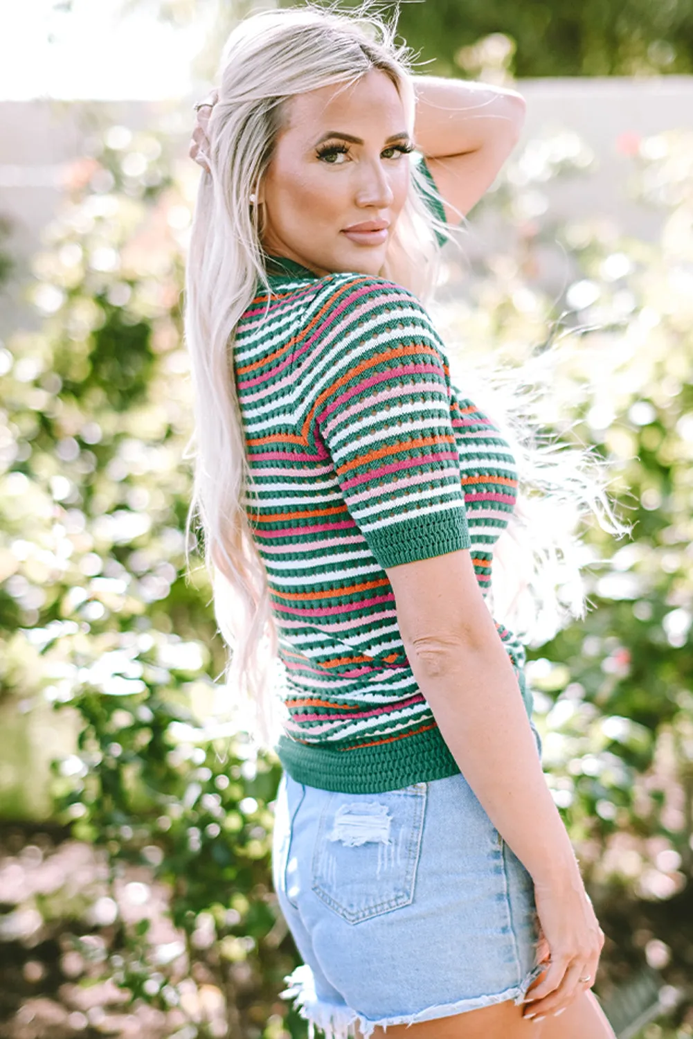 Striped Pattern Pointelle Knit T Shirt