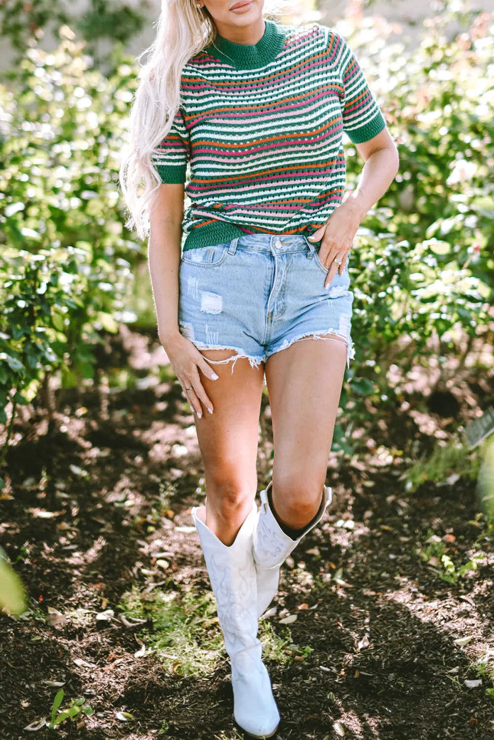 Striped Pattern Pointelle Knit T Shirt