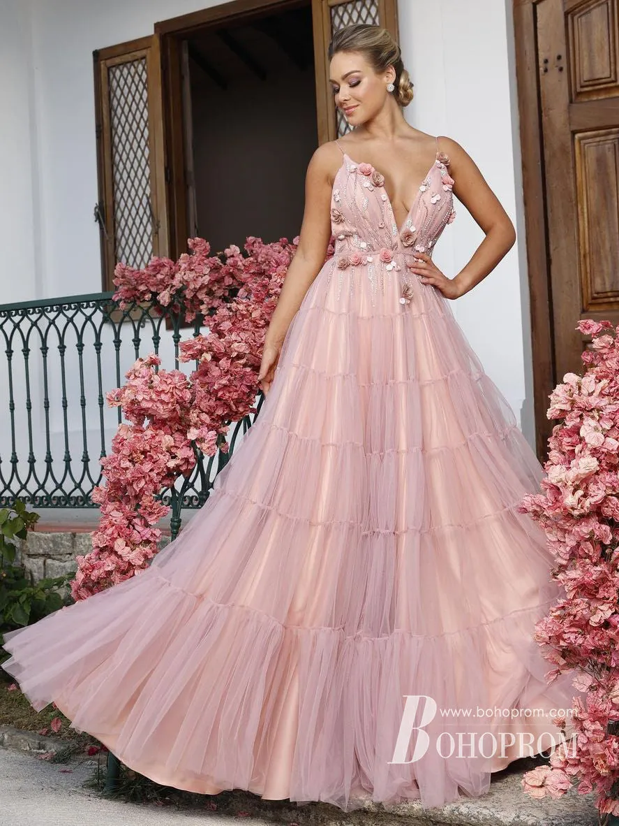 Stunning Backless V-Neck Beaded 3D Appliqued  A-line Evening Dresses Tulle Prom Dress  PD672