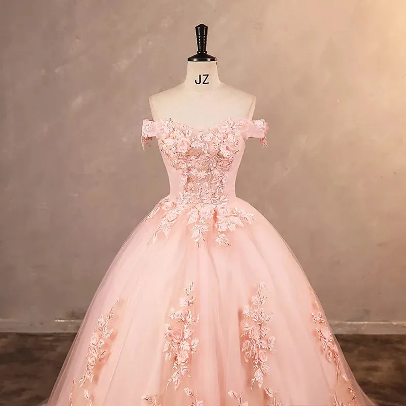 Sweet Flower Ball Gown With Tail A-line Wedding Dress