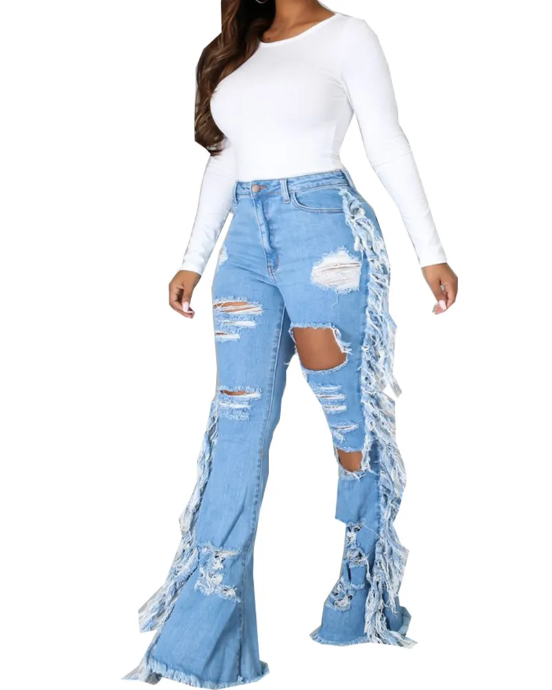 Tassels Ripped Holes Slim-Fit Flared Jeans