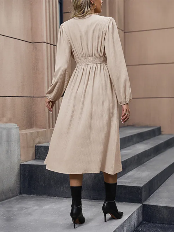 Textured Long Sleeve V-Neck Midi Dress with Slit