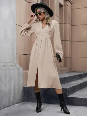 Textured Long Sleeve V-Neck Midi Dress with Slit