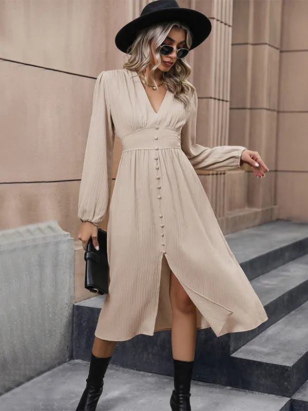 Textured Long Sleeve V-Neck Midi Dress with Slit