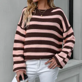 Vintage Crew Neck Bishop Sleeve Pointelle Knit Contrast Stripe Oversized Sweater