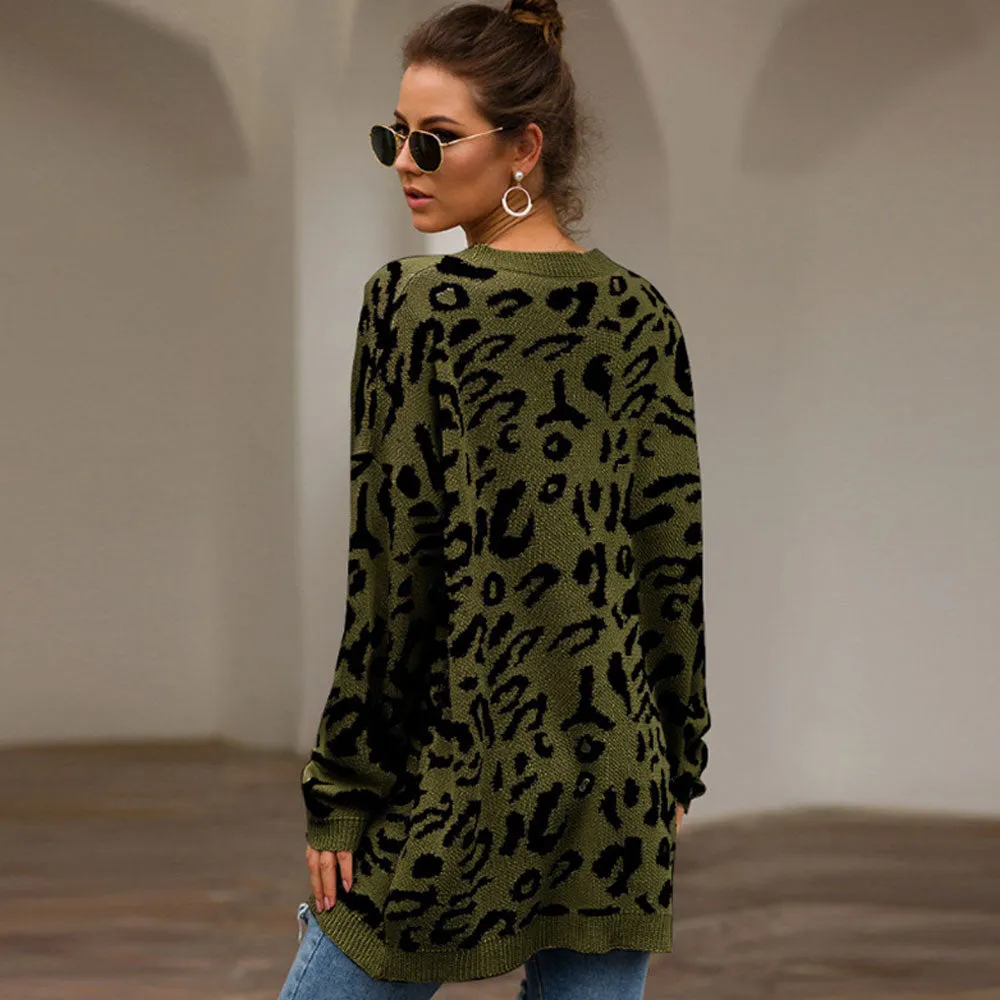 Vitnage Style Khaki Leoaprd Print Oversized Pullover Long Sweater