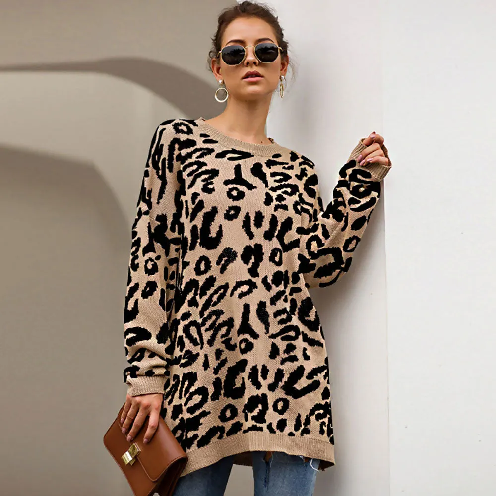 Vitnage Style Khaki Leoaprd Print Oversized Pullover Long Sweater