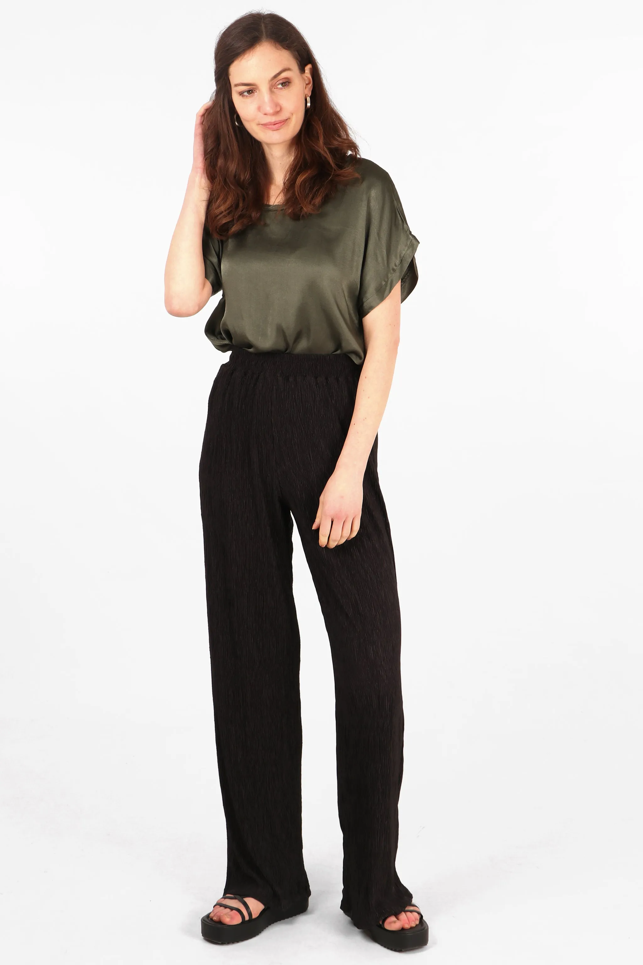 Wide Leg Plisse Trousers with Elastic Smocked Waist in Black