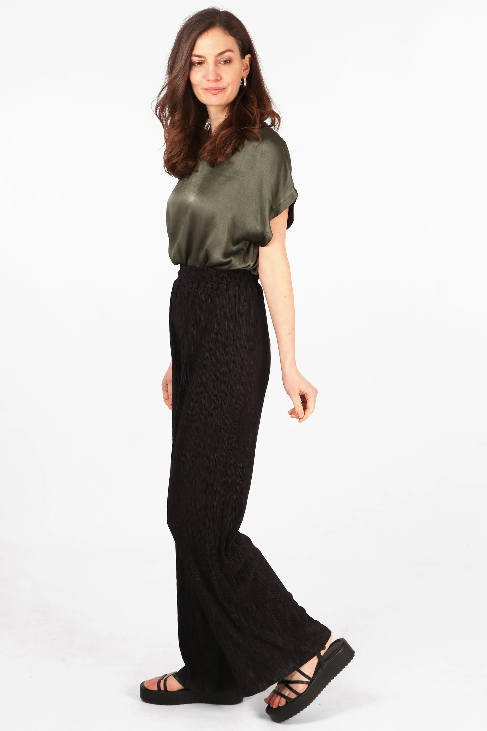 Wide Leg Plisse Trousers with Elastic Smocked Waist in Black