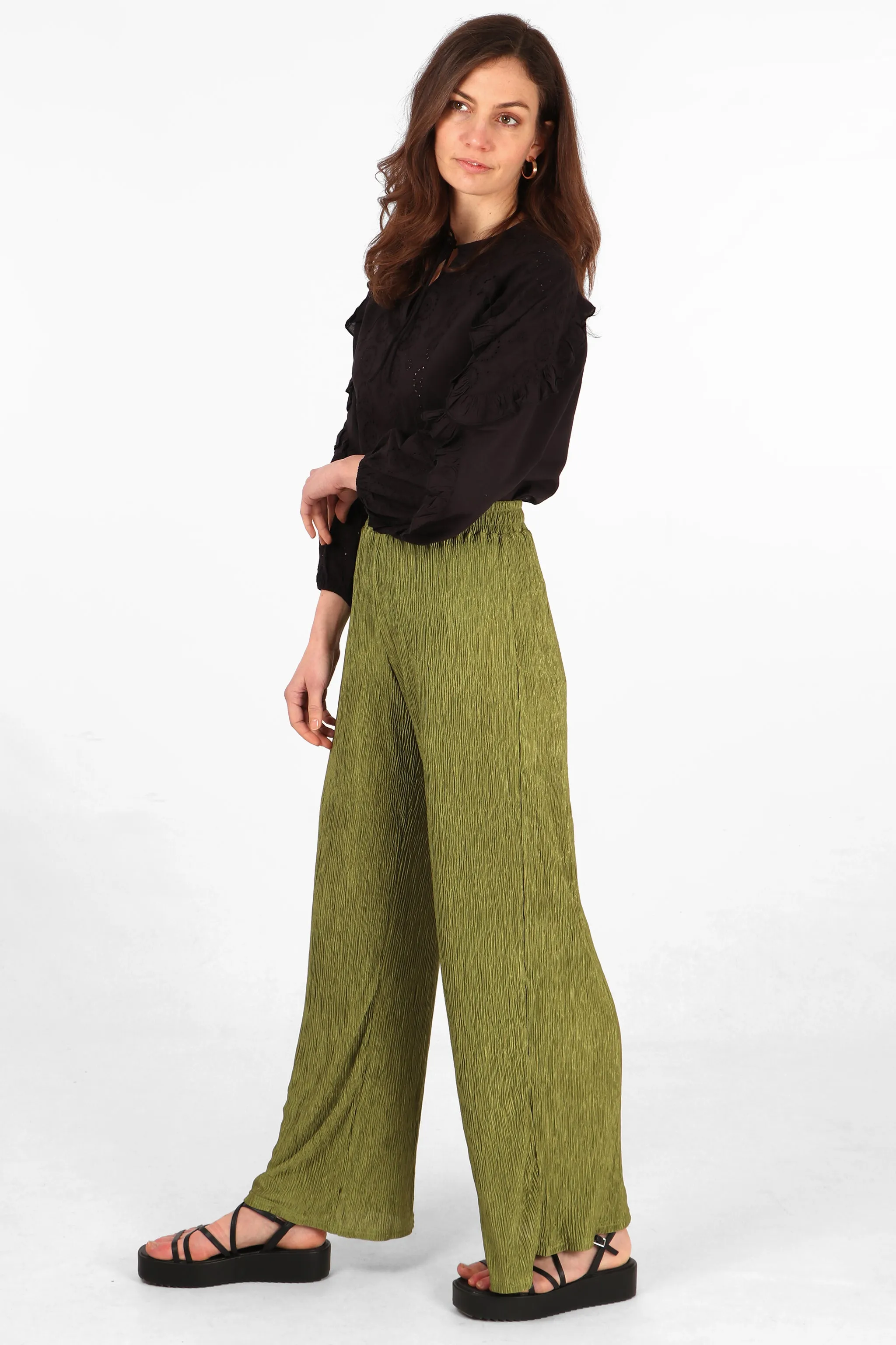 Wide Leg Plisse Trousers with Elastic Smocked Waist in Olive Green