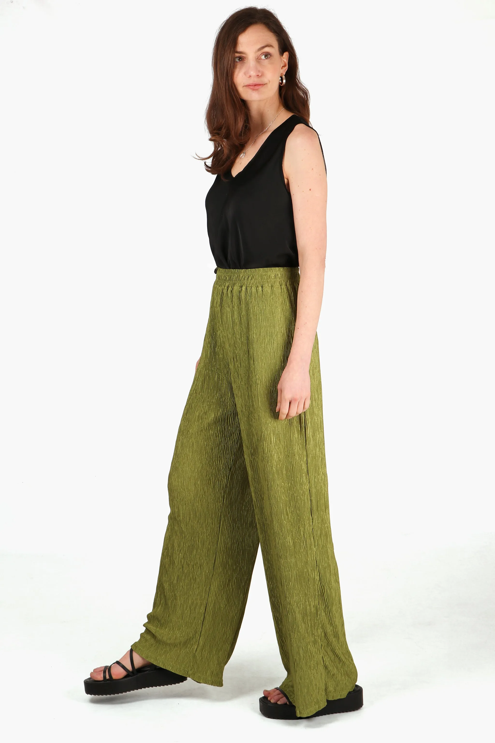 Wide Leg Plisse Trousers with Elastic Smocked Waist in Olive Green