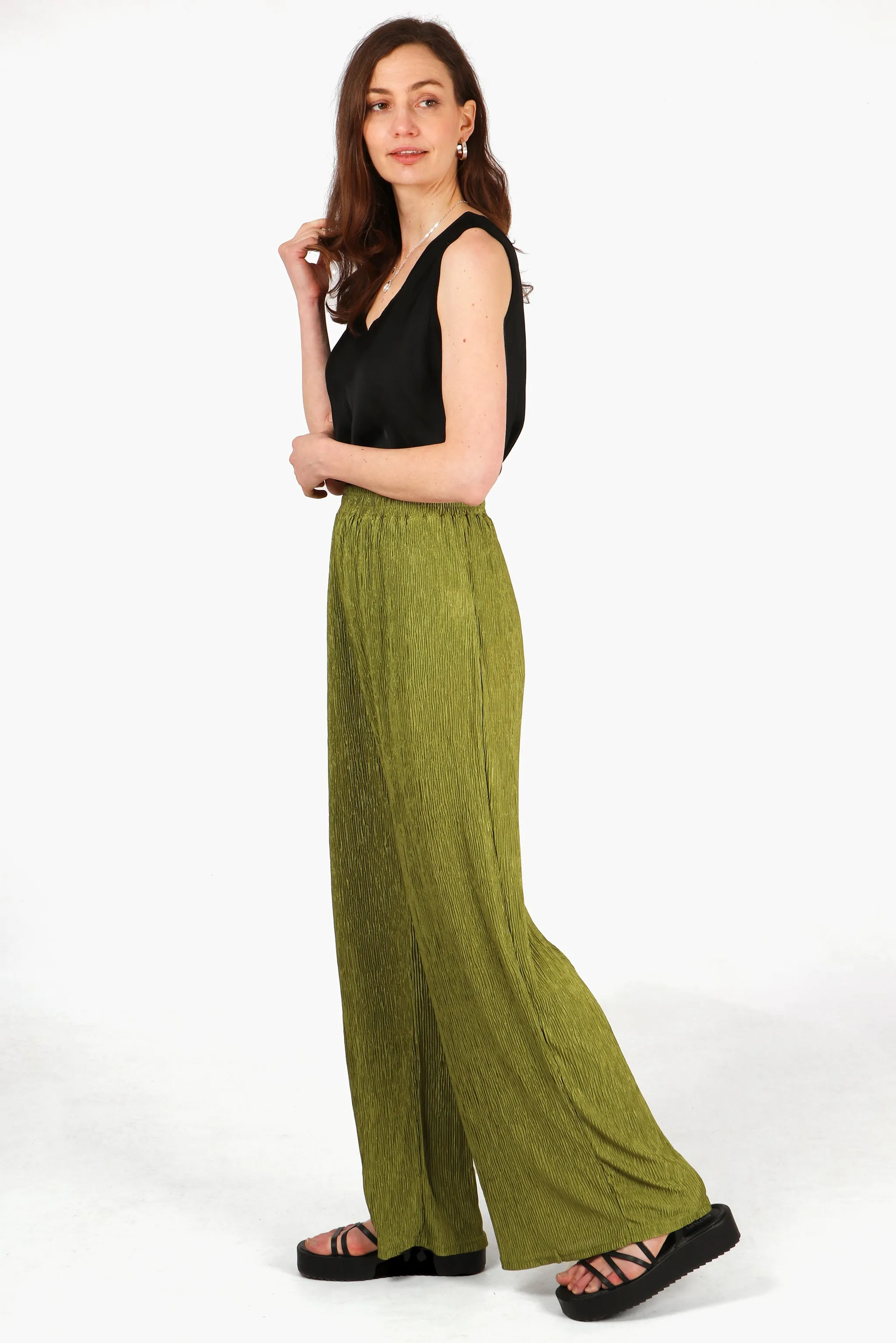 Wide Leg Plisse Trousers with Elastic Smocked Waist in Olive Green