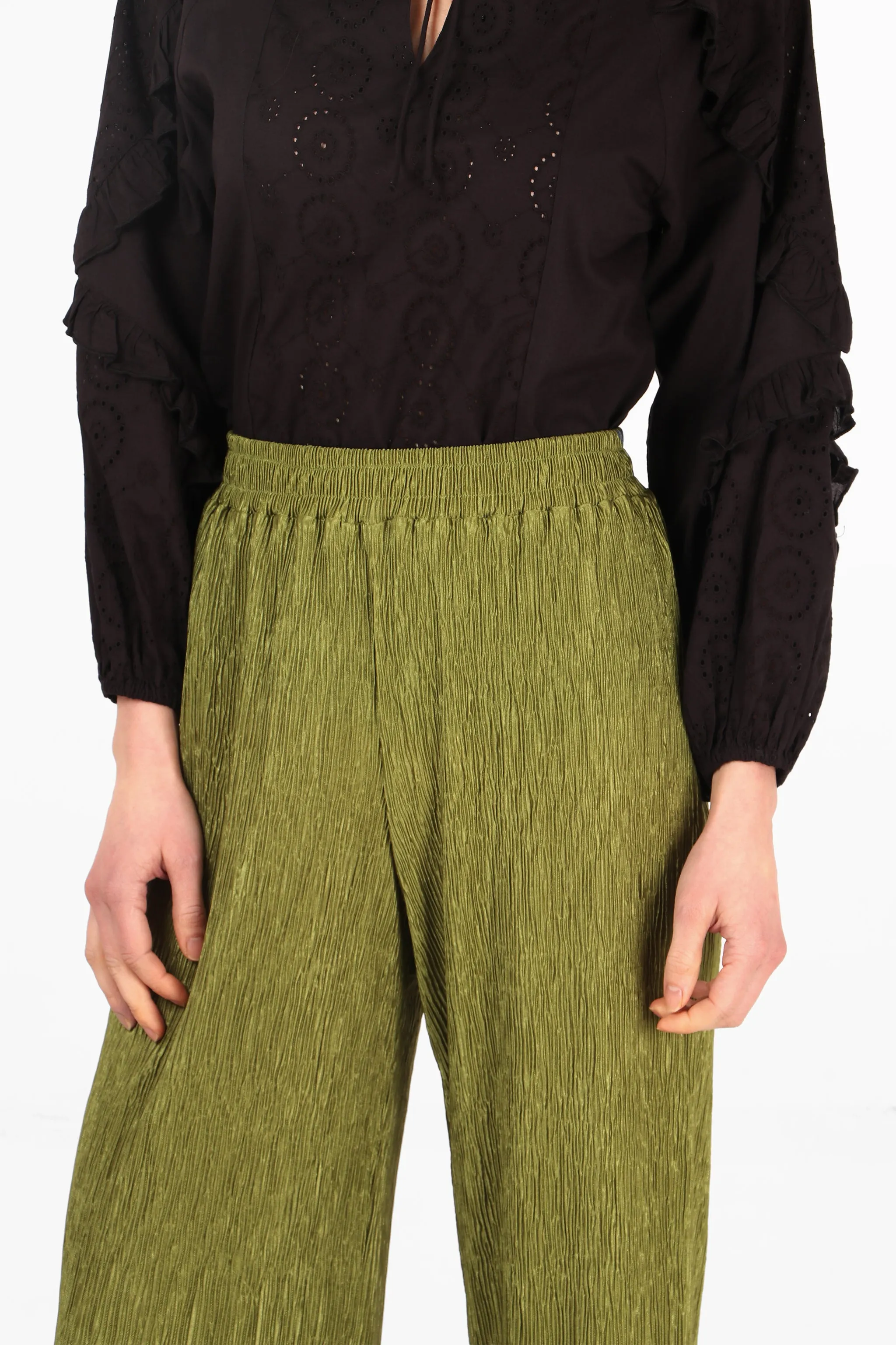 Wide Leg Plisse Trousers with Elastic Smocked Waist in Olive Green