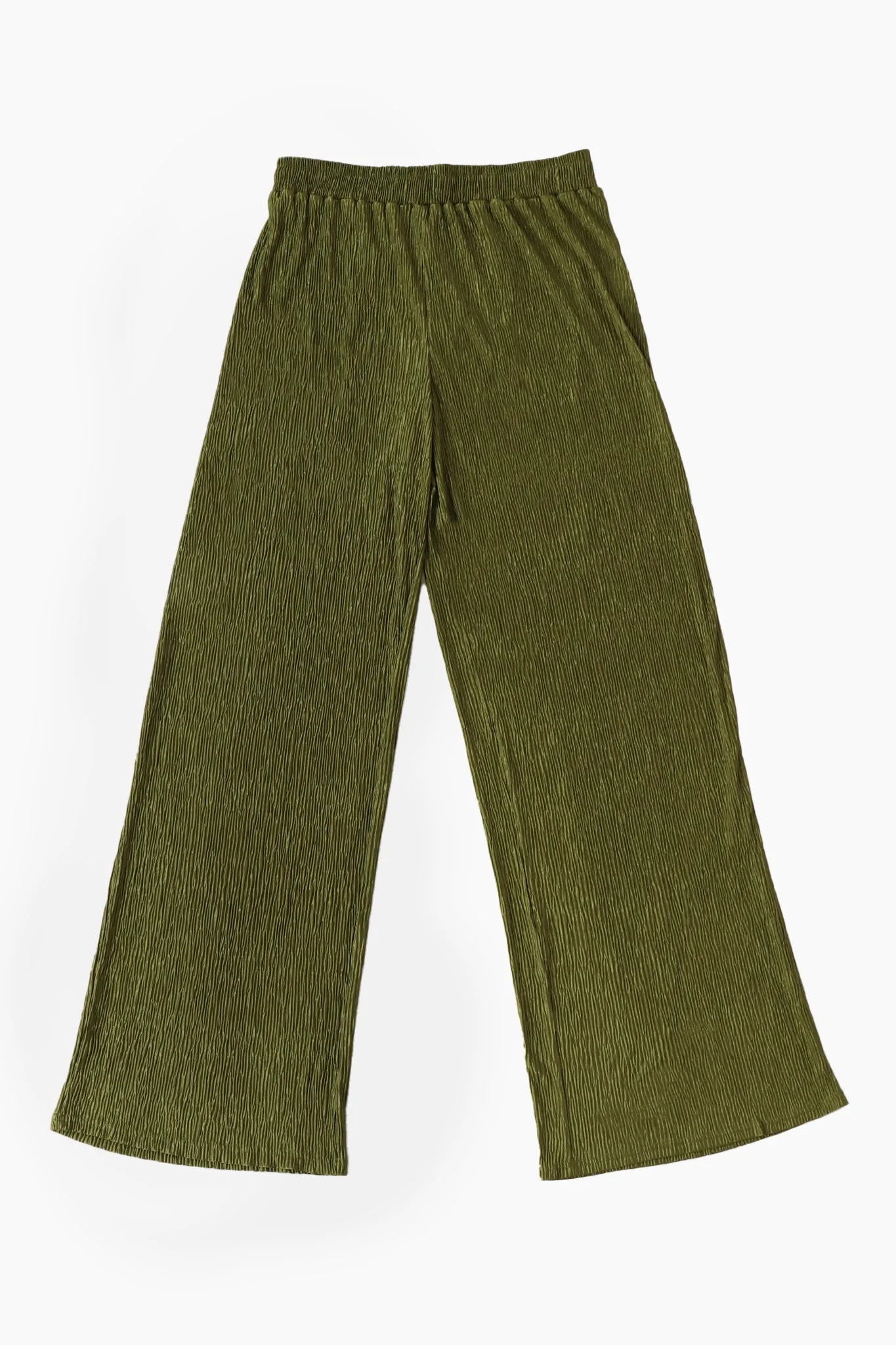 Wide Leg Plisse Trousers with Elastic Smocked Waist in Olive Green