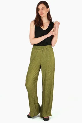 Wide Leg Plisse Trousers with Elastic Smocked Waist in Olive Green