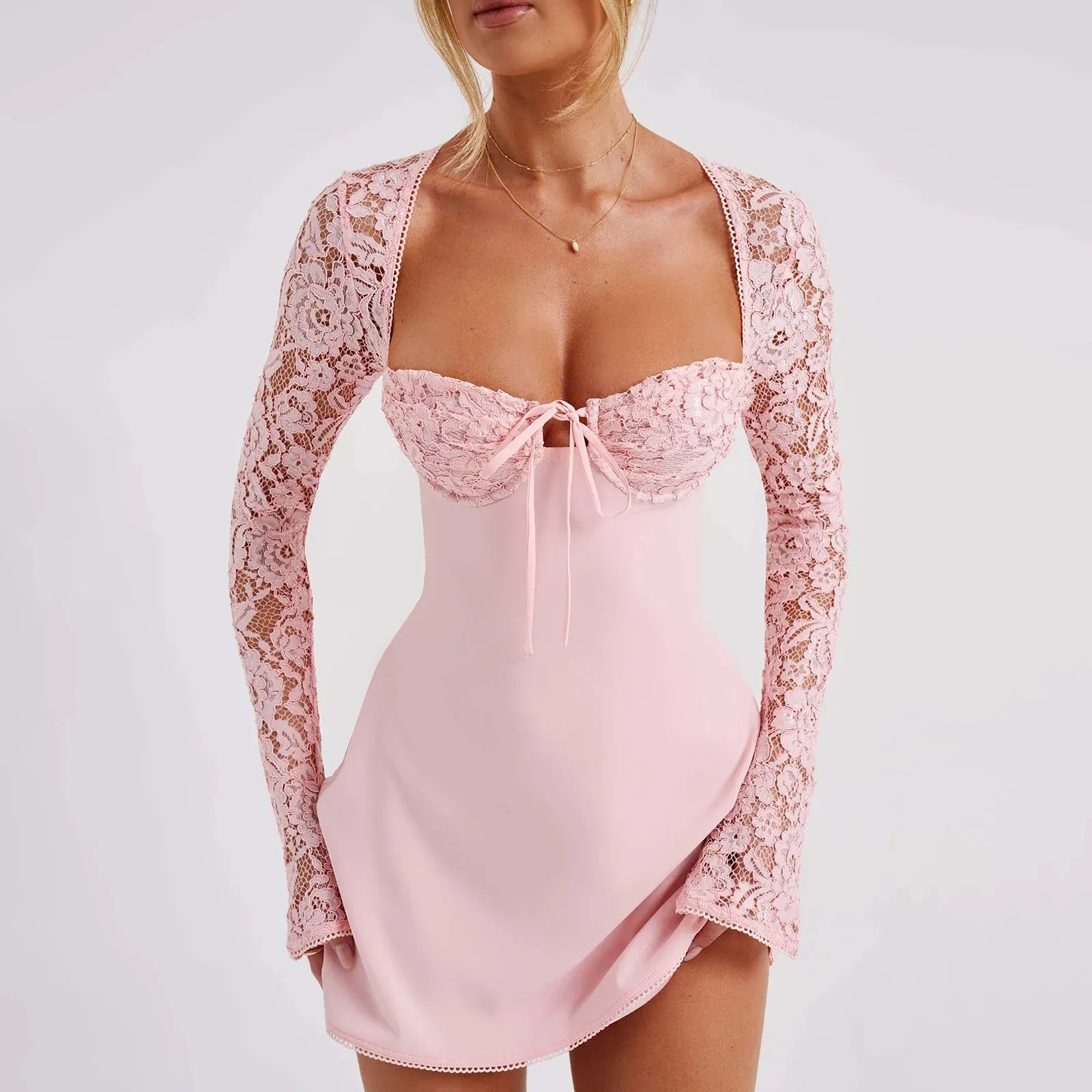 Women's Sexy Floral Lace Long Square Cocktail Club A-Line Dress